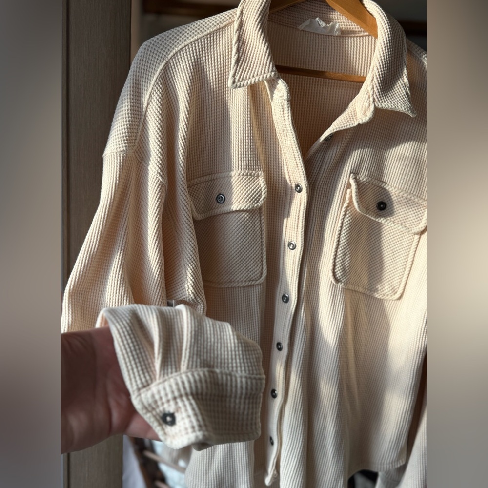 Waffle Knit Neutral Button Up Medium - image 2